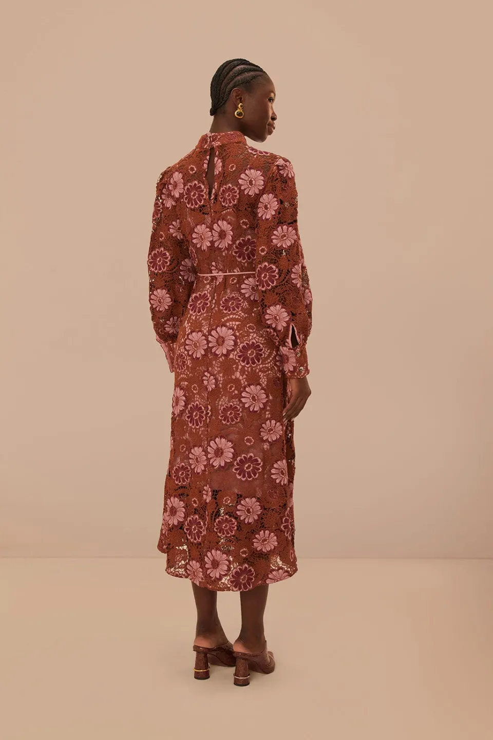 FARM Rio Brown Gigi Tapestry Guipure Midi Dress Sale
