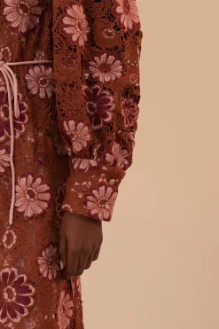 FARM Rio Brown Gigi Tapestry Guipure Midi Dress Sale