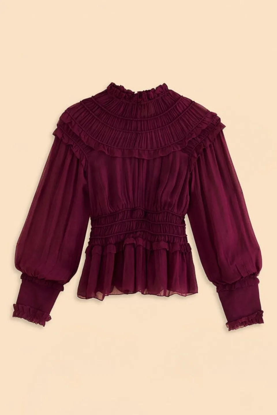 FARM Rio Burgundy Ruffle High Neck Blouse Sale