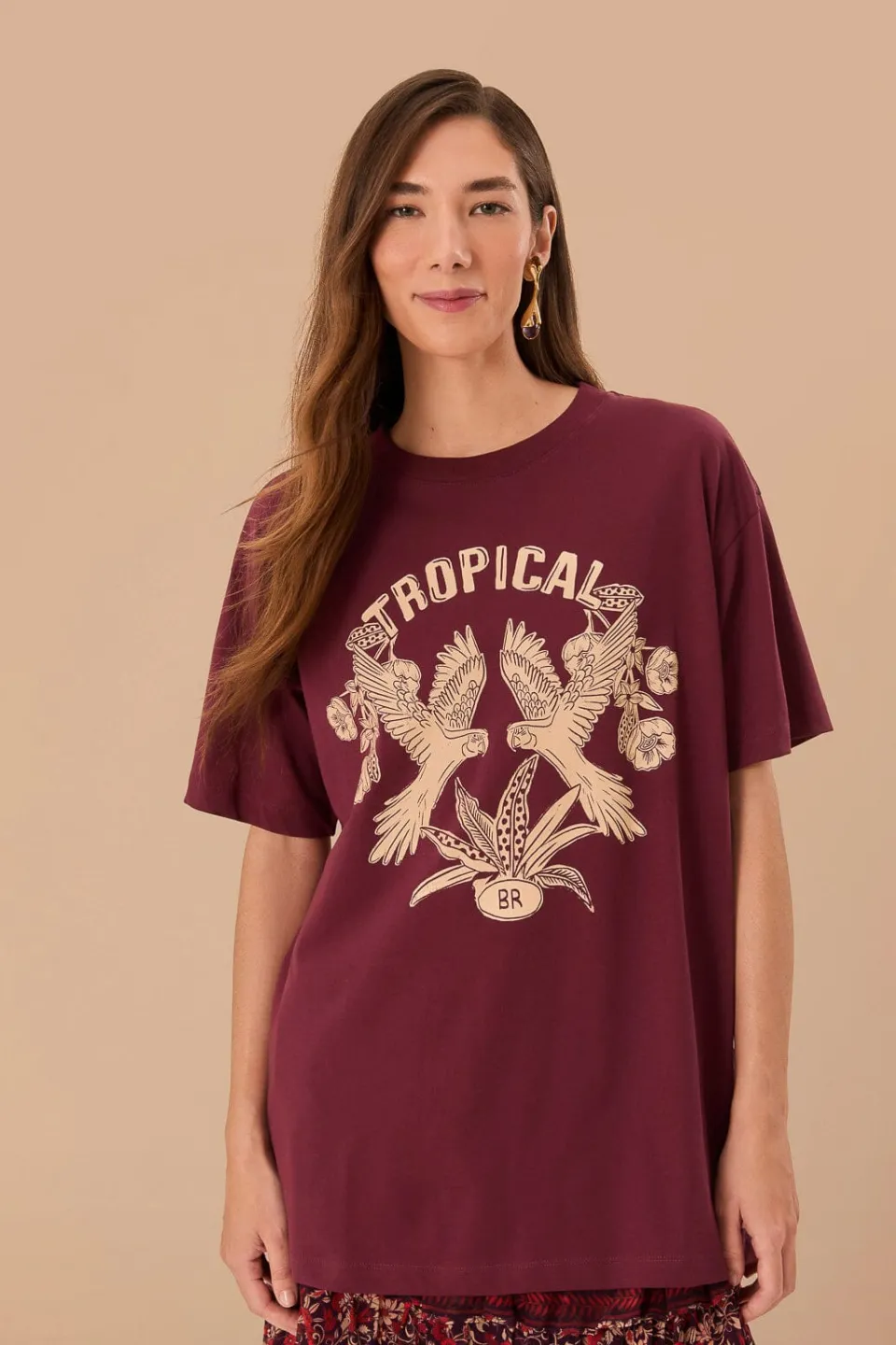 FARM Rio Burgundy Tropical Organic Cotton Relaxed T-Shirt Online