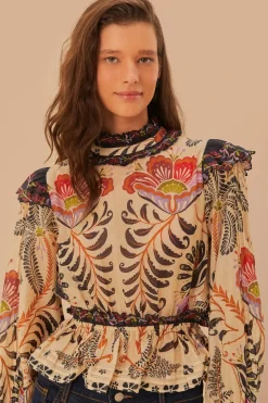 FARM Rio Classic Nature Sand Ruffled Long Sleeve Blouse Online