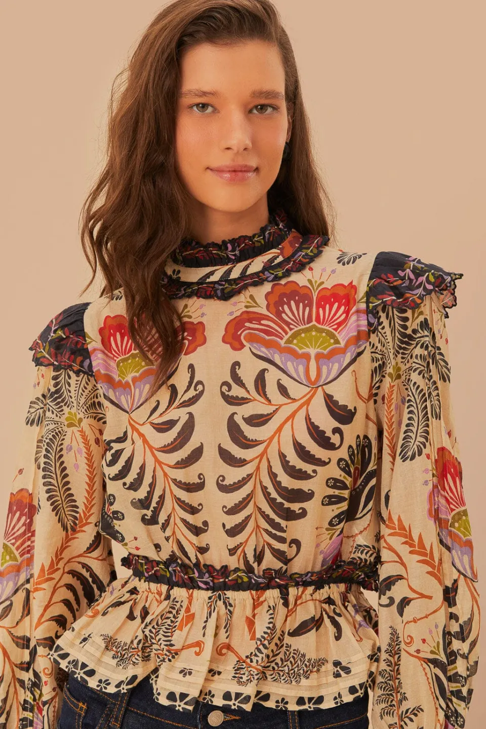 FARM Rio Classic Nature Sand Ruffled Long Sleeve Blouse Online