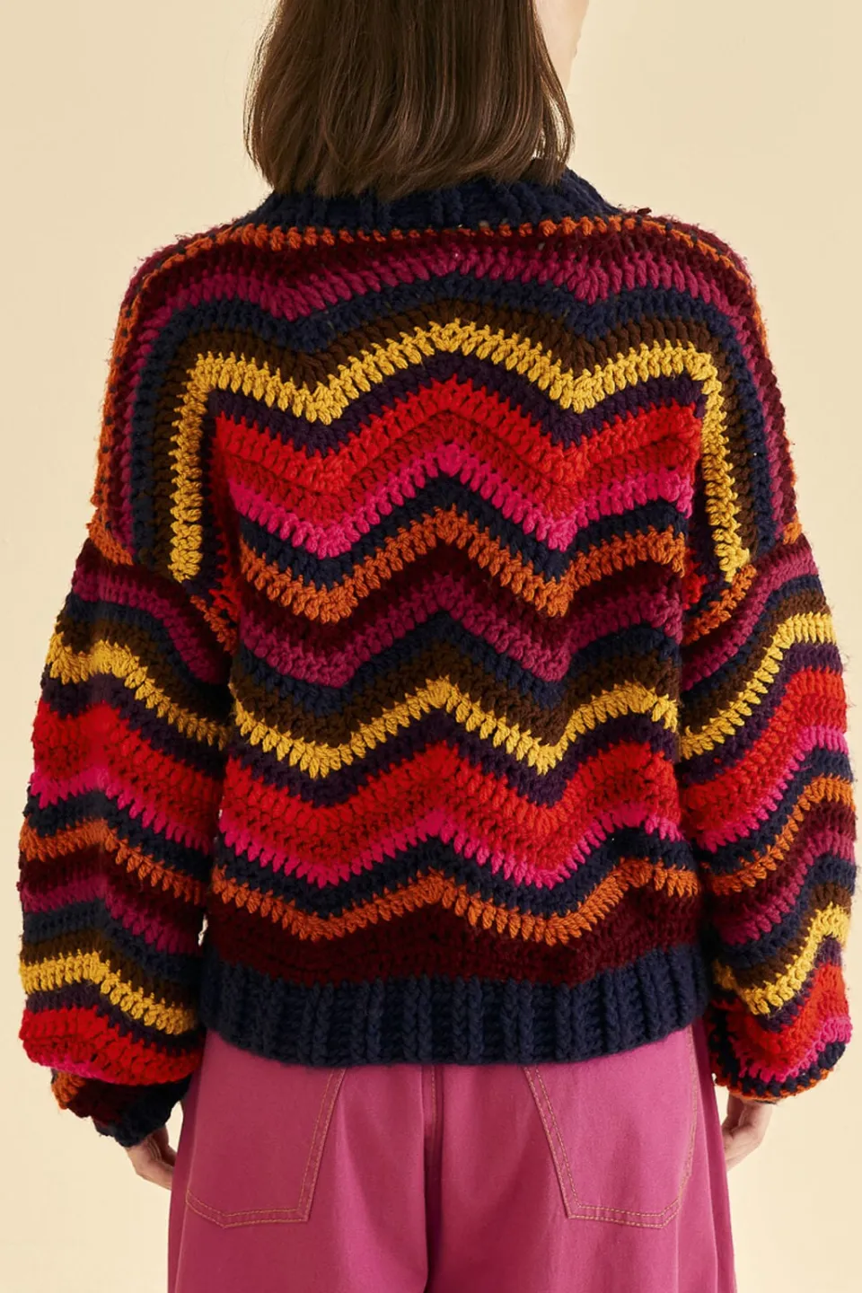 FARM Rio Colorful Waves Crochet High Neck Sweater Clearance