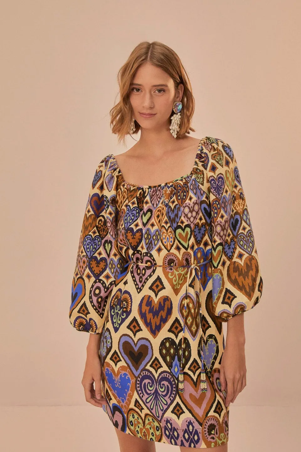 FARM Rio Cream Hearts Ikat Long Sleeve Mini Dress Best