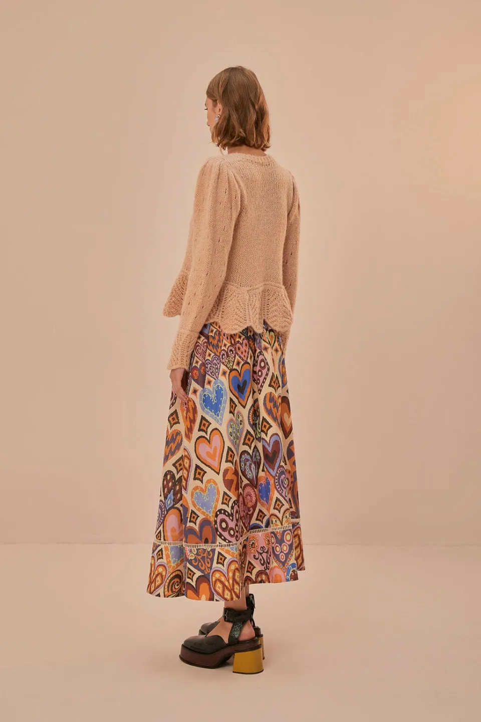 FARM Rio Cream Hearts Ikat Midi Skirt Best