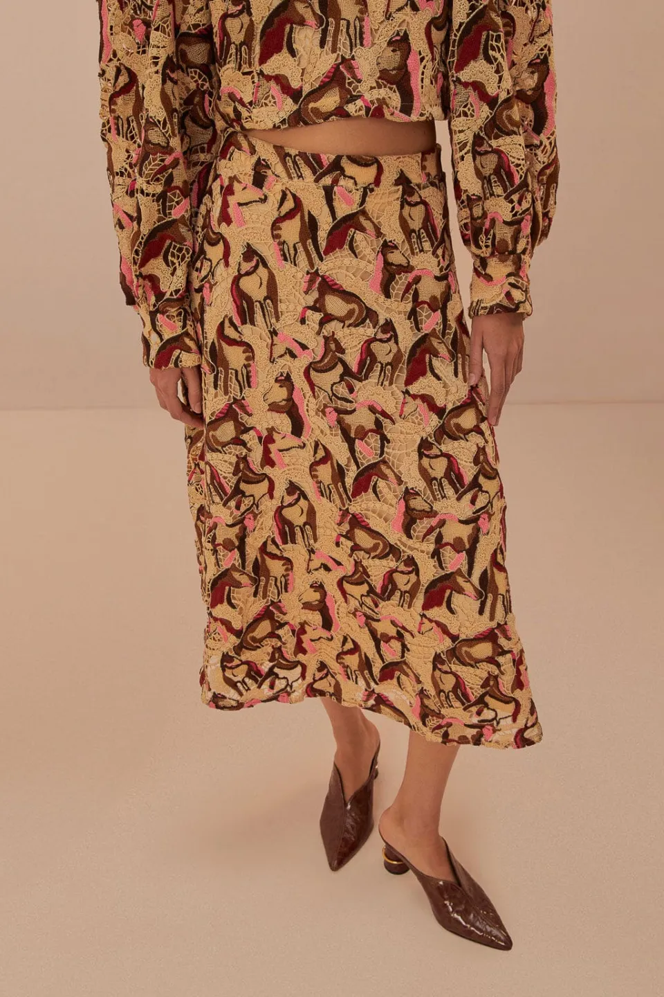 FARM Rio Cream Horses Guipure Midi Skirt Clearance