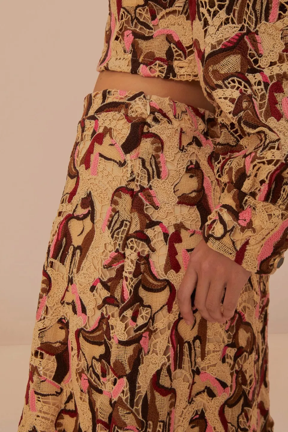 FARM Rio Cream Horses Guipure Midi Skirt Clearance