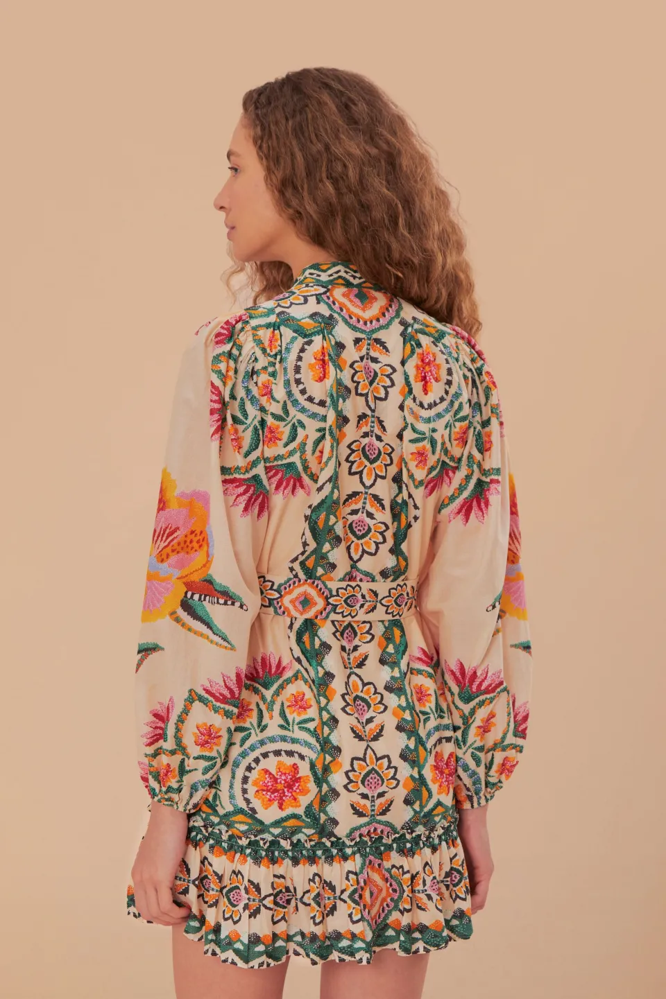 FARM Rio Cream Lucy Floral Tapestry Long Sleeve Mini Dress Hot