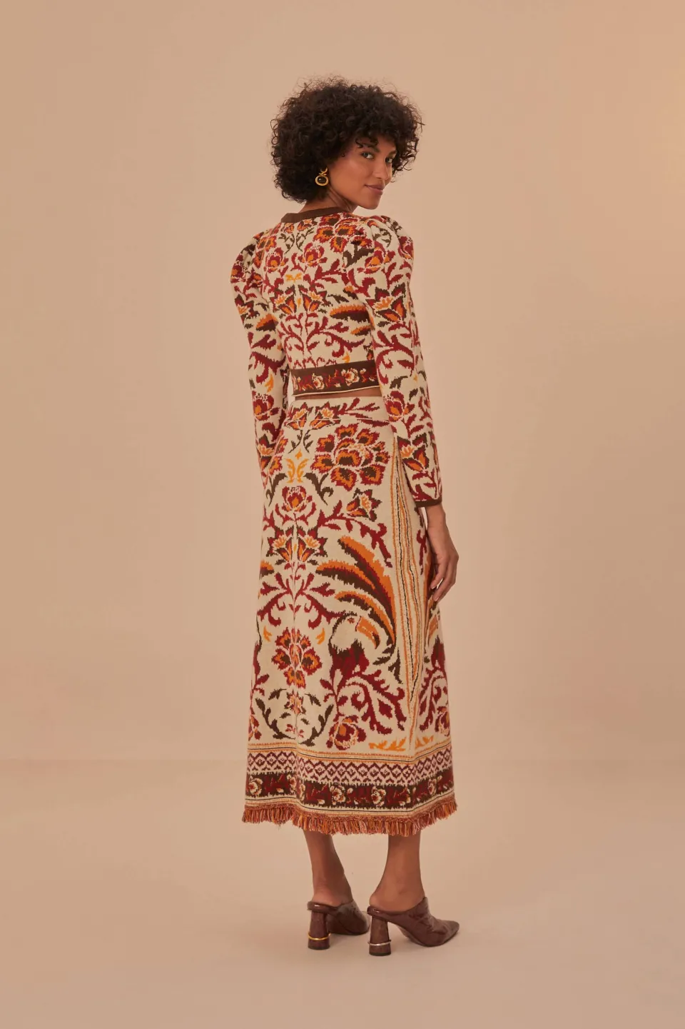FARM Rio Cream Toucans Scarf Knit Midi Skirt Hot