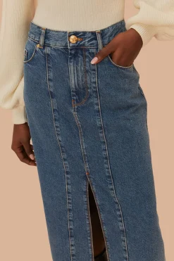 FARM Rio Denim Low Waist Midi Skirt New