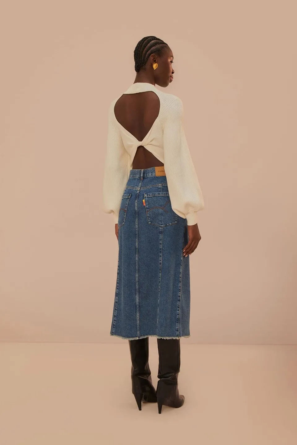 FARM Rio Denim Low Waist Midi Skirt New