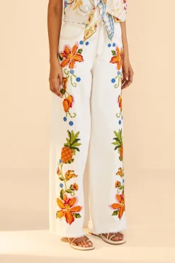 FARM Rio Embroidered Floral Twill Pants Clearance