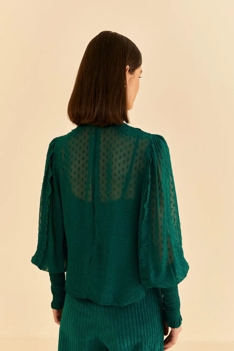 FARM Rio Emerald Ruffle Long Sleeve Blouse Discount