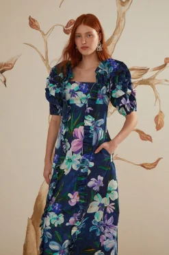 FARM Rio Floraline Ruffle Short Sleeve Midi Dress Hot