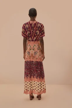 FARM Rio Glam Tapestry Burgundy Laces Short Sleeve Maxi Dress