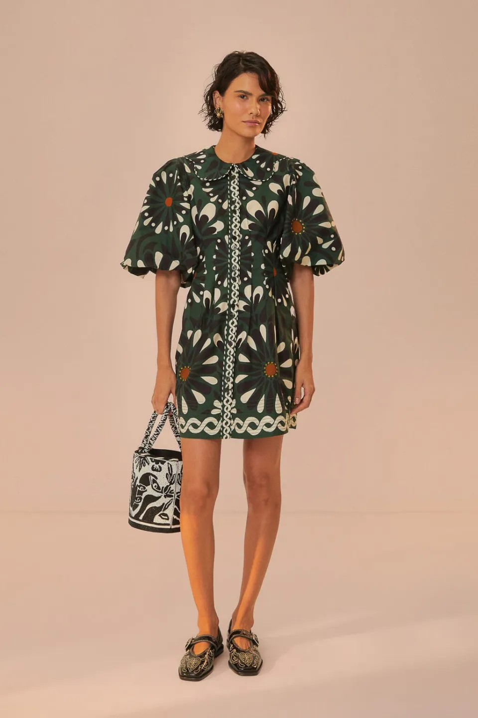 FARM Rio Green Ainika Flowers Short Sleeve Mini Dress Sale