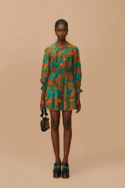 FARM Rio Green Artsy Leopards Long Sleeve Mini Dress Sale