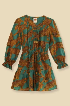 FARM Rio Green Artsy Leopards Long Sleeve Mini Dress Sale