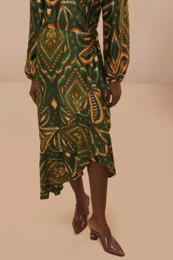 FARM Rio Green Pineapple Ikat Long Sleeve Midi Dress Online