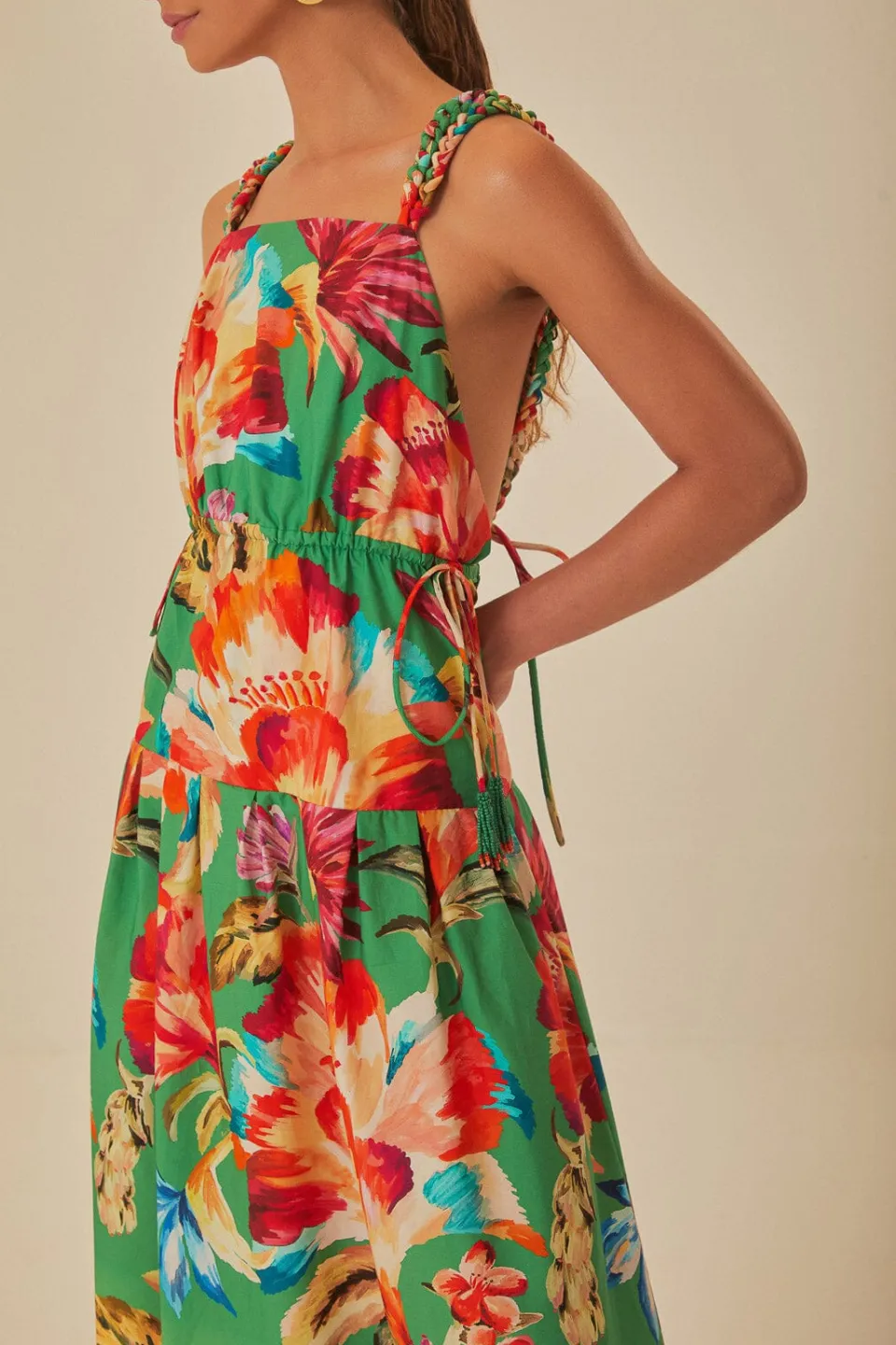 FARM Rio Green Tropicart Sleeveless Midi Dress New