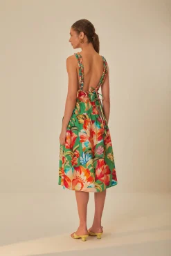FARM Rio Green Tropicart Sleeveless Midi Dress New