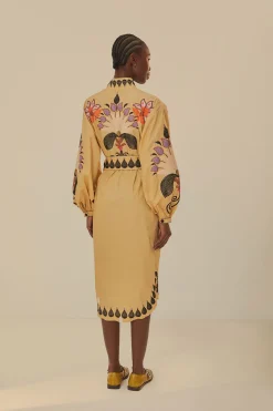 FARM Rio Khaki Flower Bird Embroidered Midi Dress Best