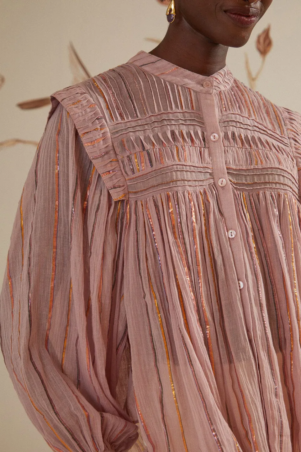 FARM Rio Light Pink Pleated Yoke Long Sleeve Blouse Outlet