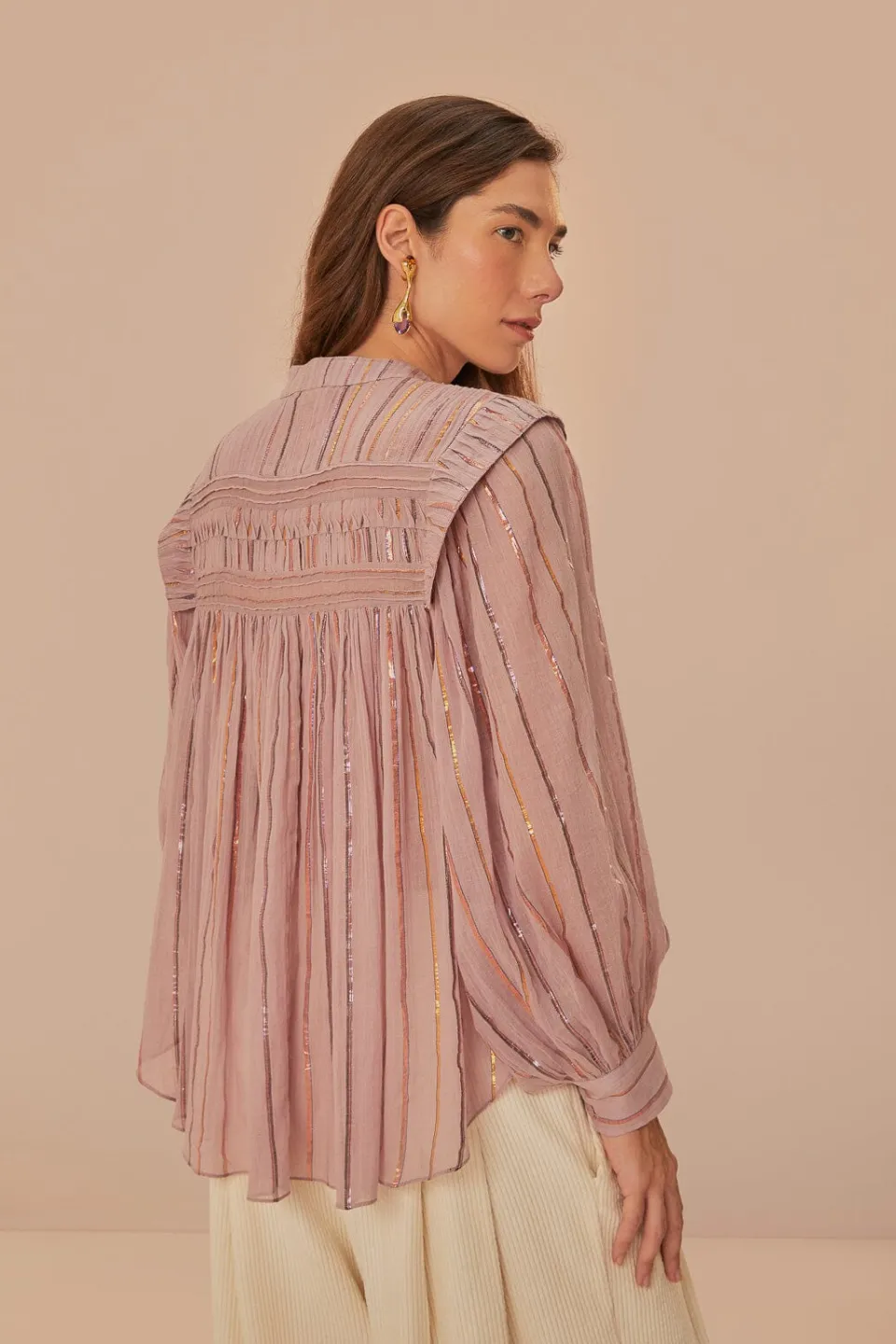 FARM Rio Light Pink Pleated Yoke Long Sleeve Blouse Outlet