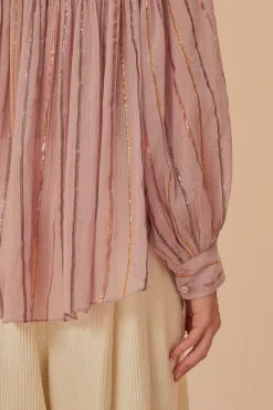 FARM Rio Light Pink Pleated Yoke Long Sleeve Blouse Outlet