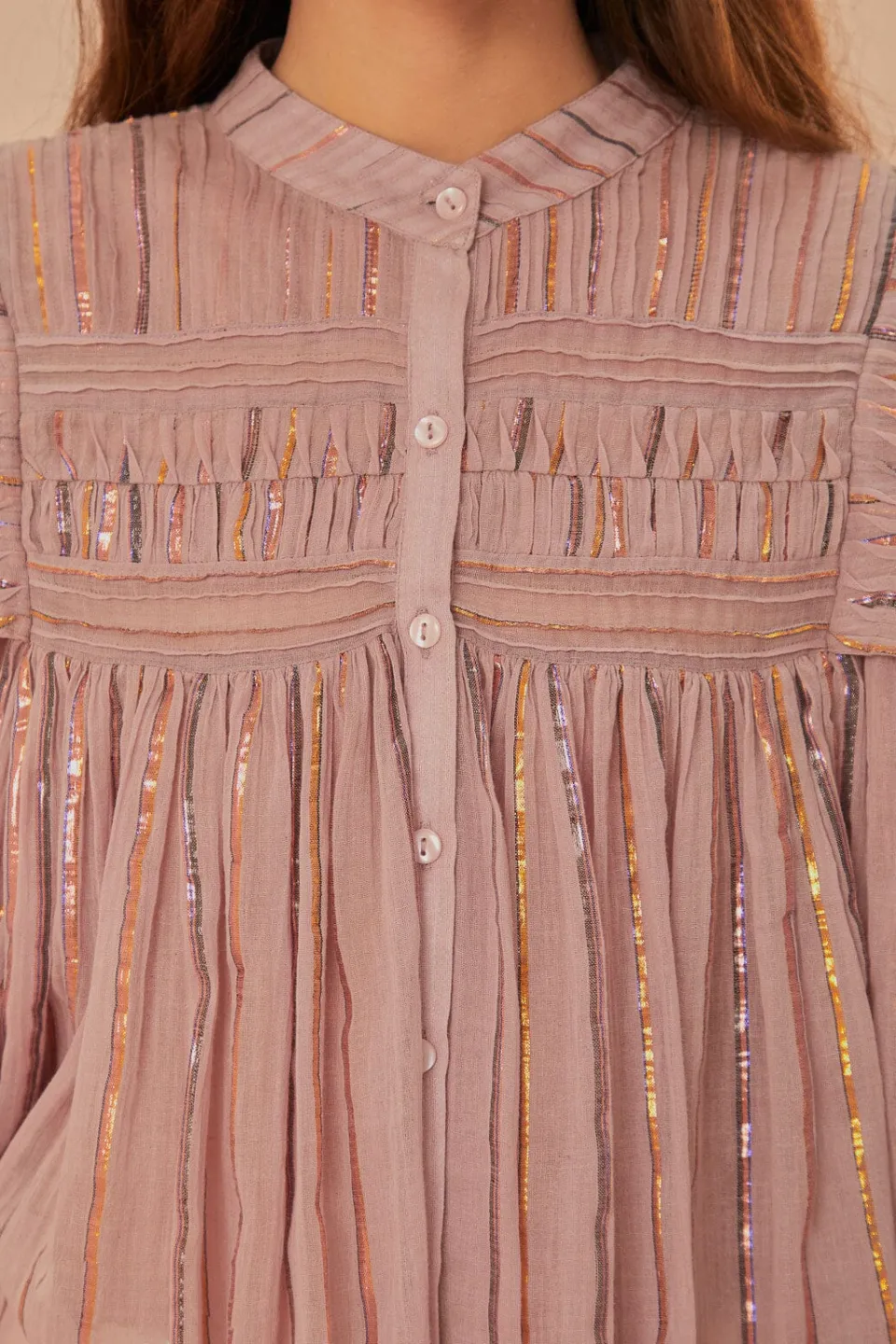 FARM Rio Light Pink Pleated Yoke Long Sleeve Blouse Outlet