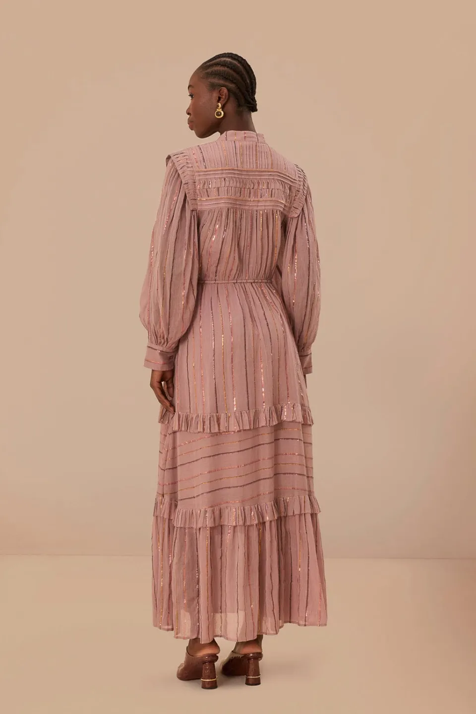 FARM Rio Light Pink Pleated Yoke Tiered Maxi Dress Hot