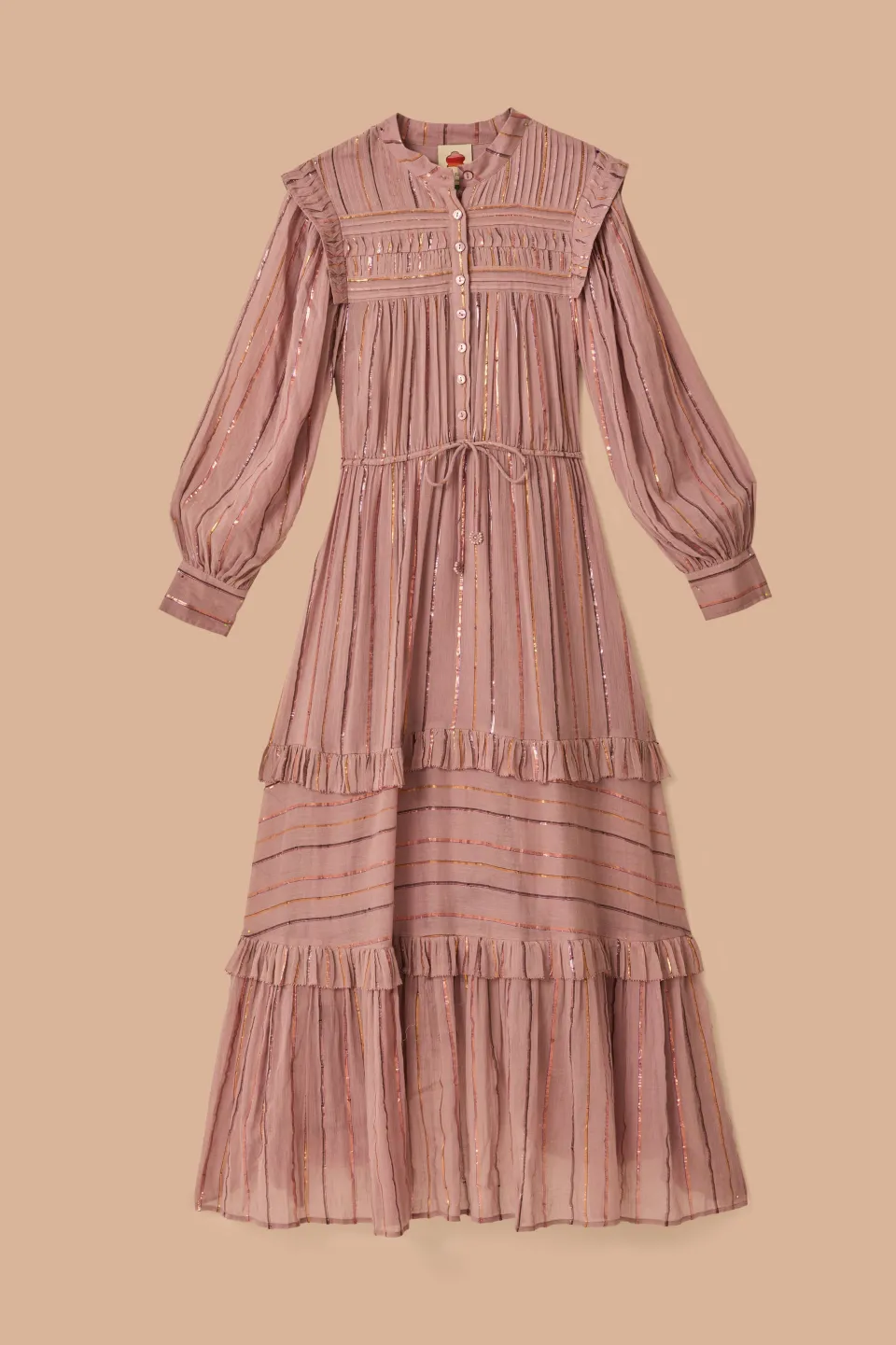 FARM Rio Light Pink Pleated Yoke Tiered Maxi Dress Hot