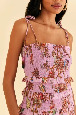 FARM Rio Lilac Floral Monkey Smocked Mini Dress Hot
