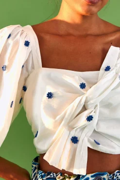 FARM Rio LONG SLEEVE CROP TOP | Blue Flowers Print Sale