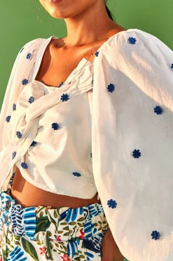 FARM Rio LONG SLEEVE CROP TOP | Blue Flowers Print Sale