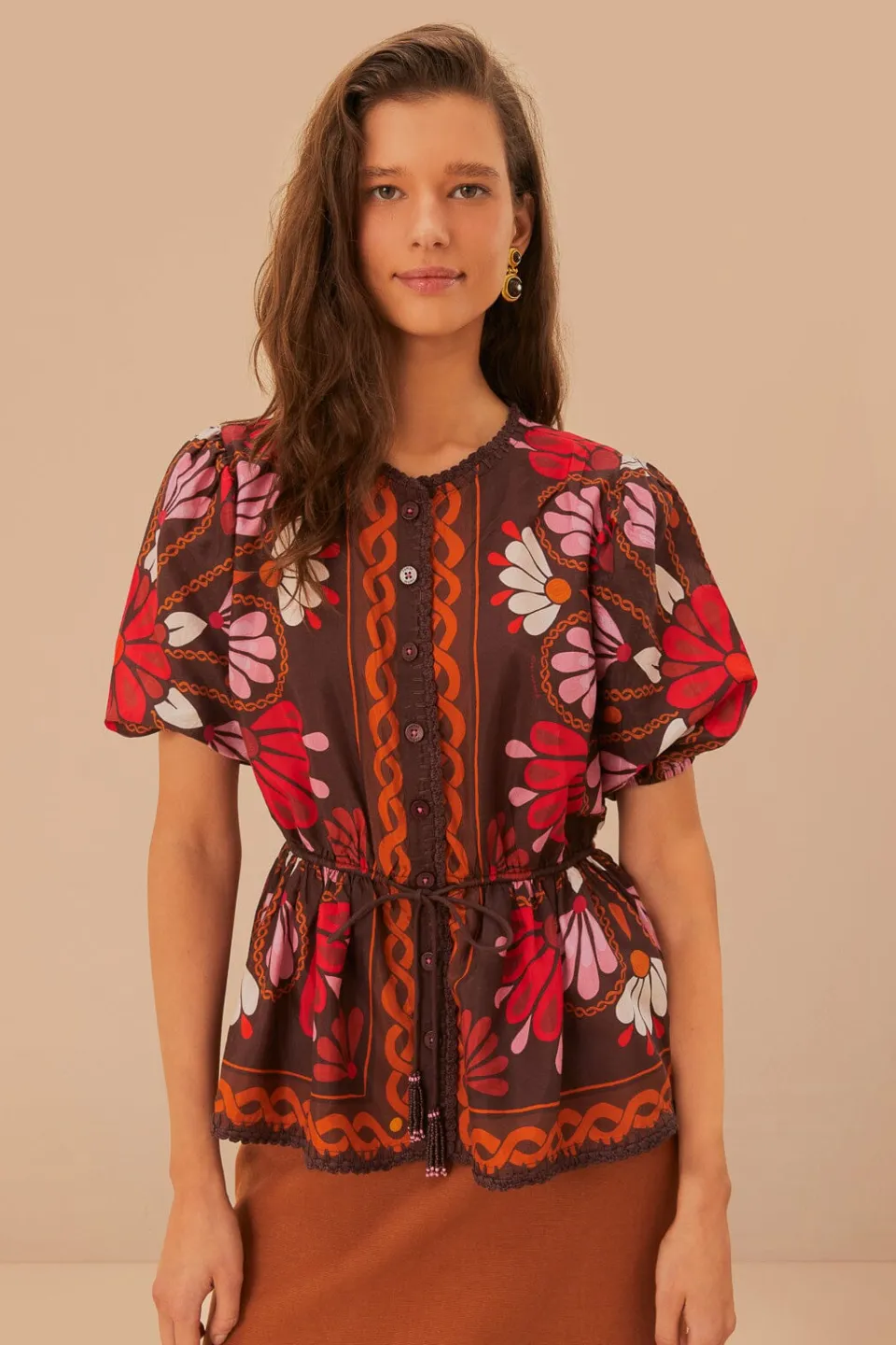 FARM Rio Miranda Brown Short Sleeve Blouse New