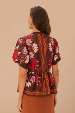 FARM Rio Miranda Brown Short Sleeve Blouse New