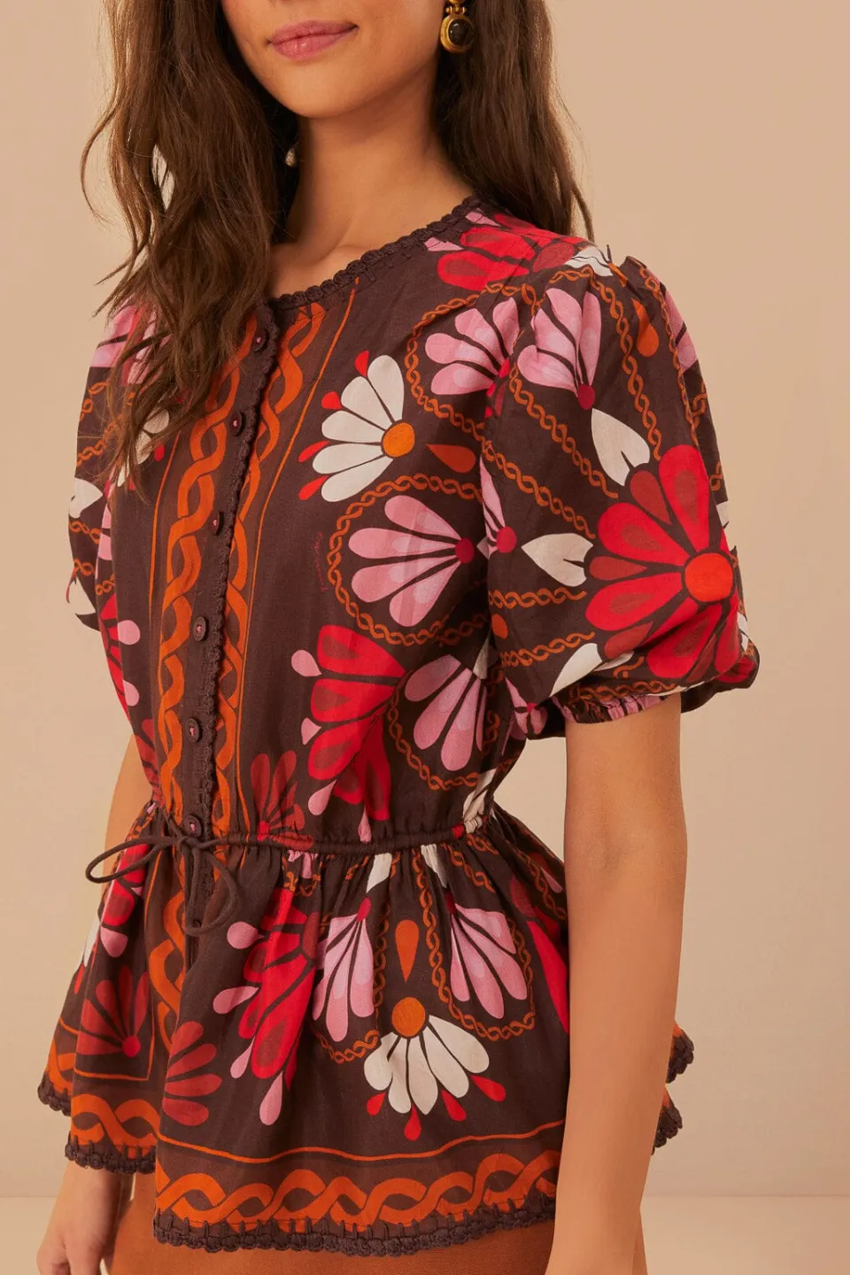 FARM Rio Miranda Brown Short Sleeve Blouse New
