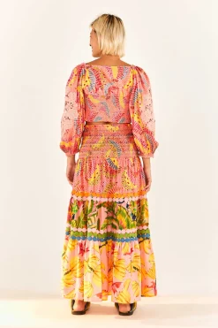 FARM Rio Mixed Pink Prints Midi Skirt New