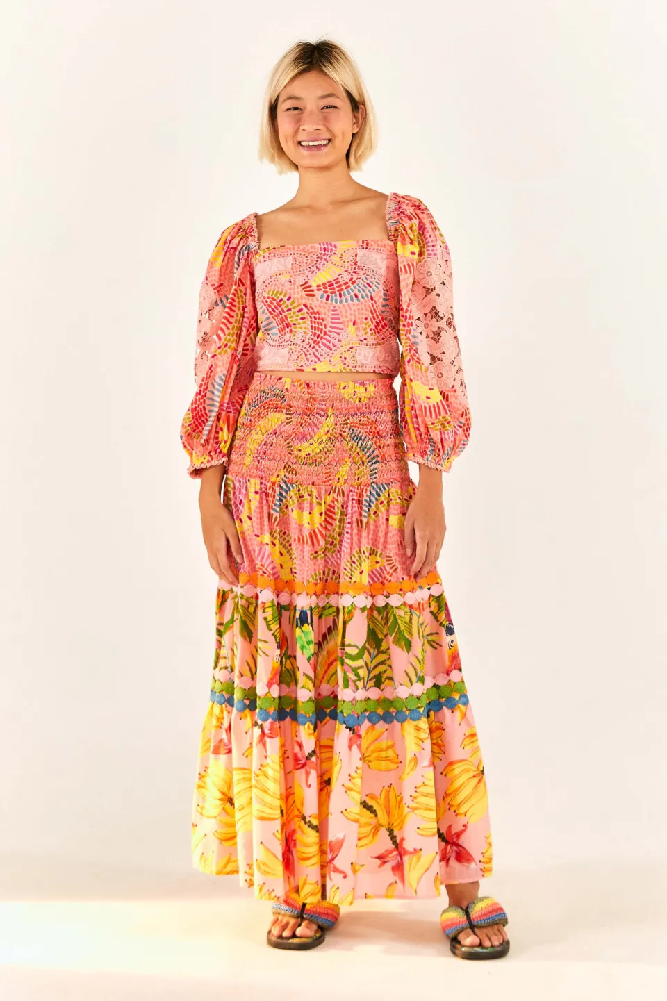 FARM Rio Mixed Pink Prints Midi Skirt New