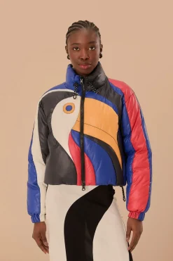 FARM Rio Multicolor Amanda Stripes Toucan Reversible Puffer Jacket Hot