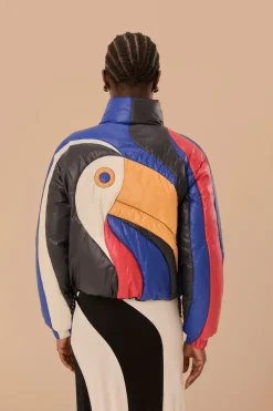 FARM Rio Multicolor Amanda Stripes Toucan Reversible Puffer Jacket Hot