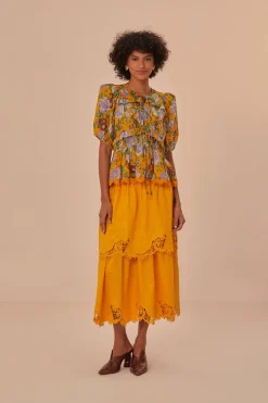 FARM Rio Mustard Capri Floral Short Sleeve Blouse Outlet