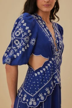 FARM Rio Navy Blue Embroidered Cut-Out Midi Dress