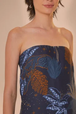 FARM Rio Navy Blue Night Jungle Strapless Blouse Hot