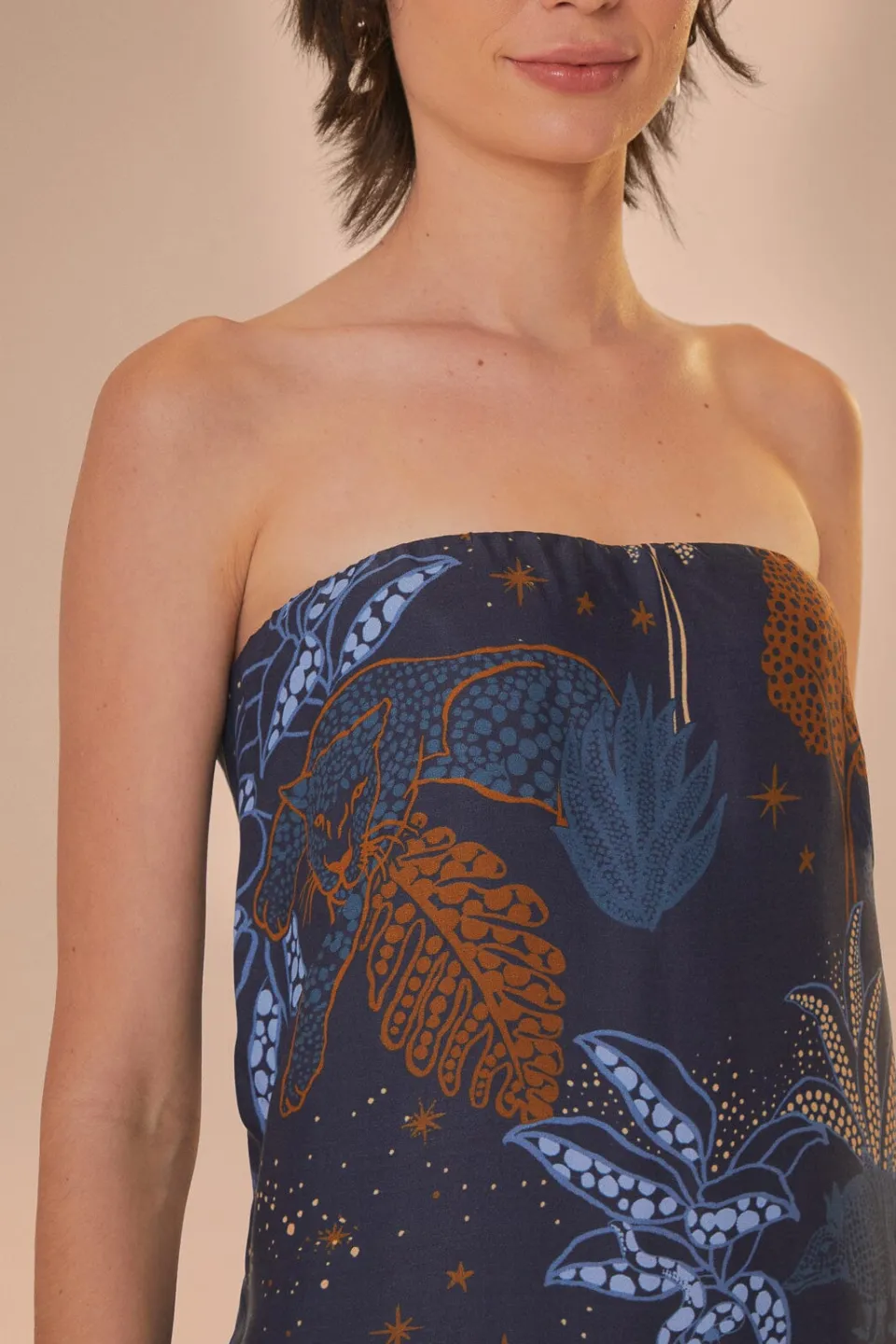 FARM Rio Navy Blue Night Jungle Strapless Blouse Hot