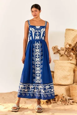 FARM Rio Navy Macaw Embroidered Maxi Dress New
