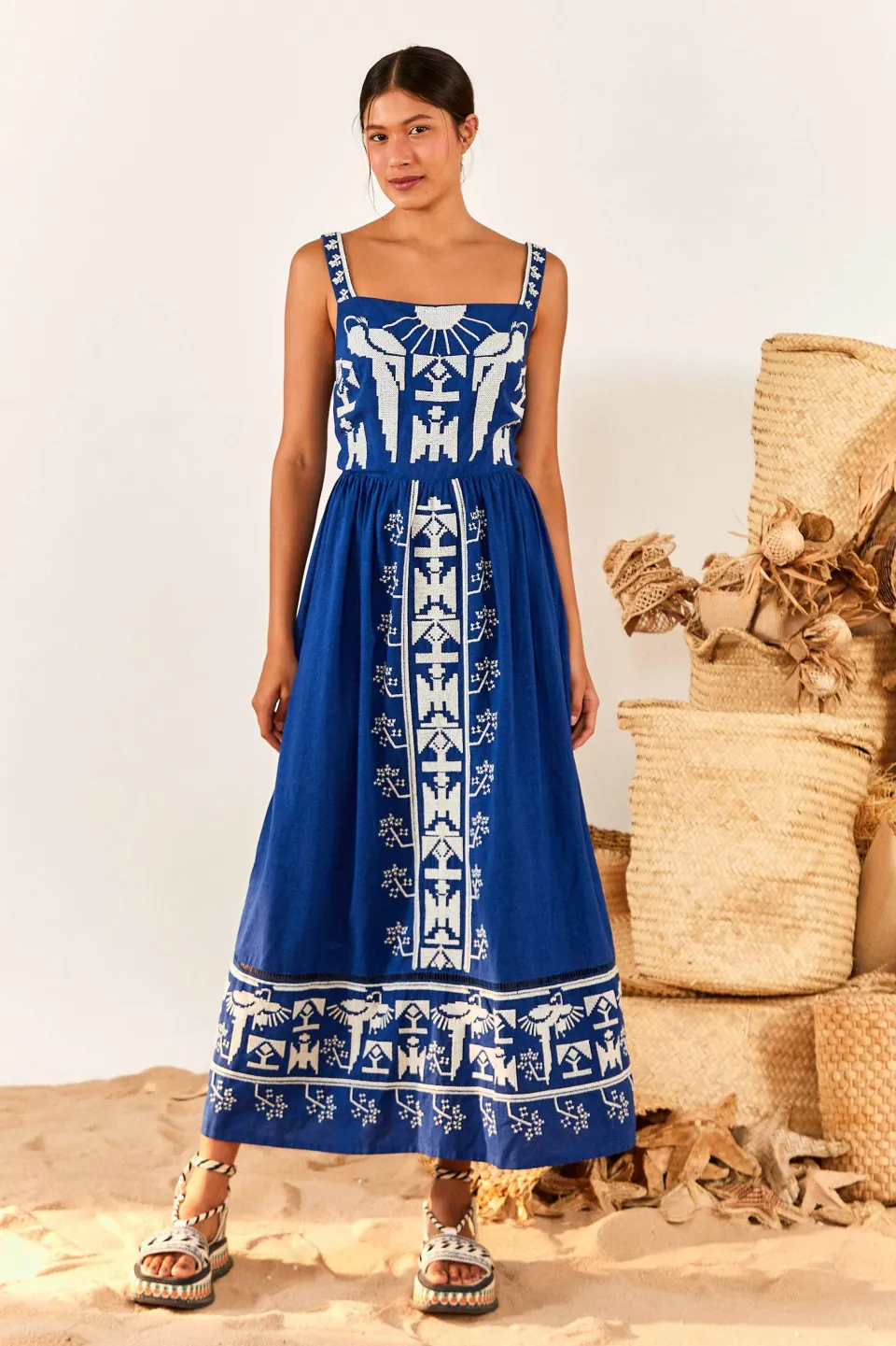 FARM Rio Navy Macaw Embroidered Maxi Dress New