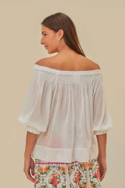 FARM Rio Off-White Blue Yard Short Sleeve Blouse New