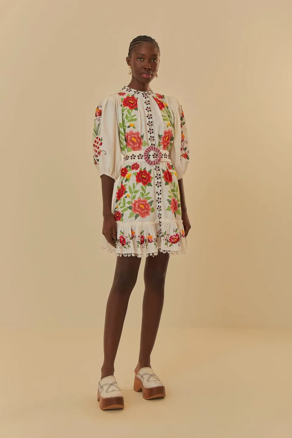 FARM Rio Off-White Embroidered Carmina Floral Short Sleeve Mini Dress Sale